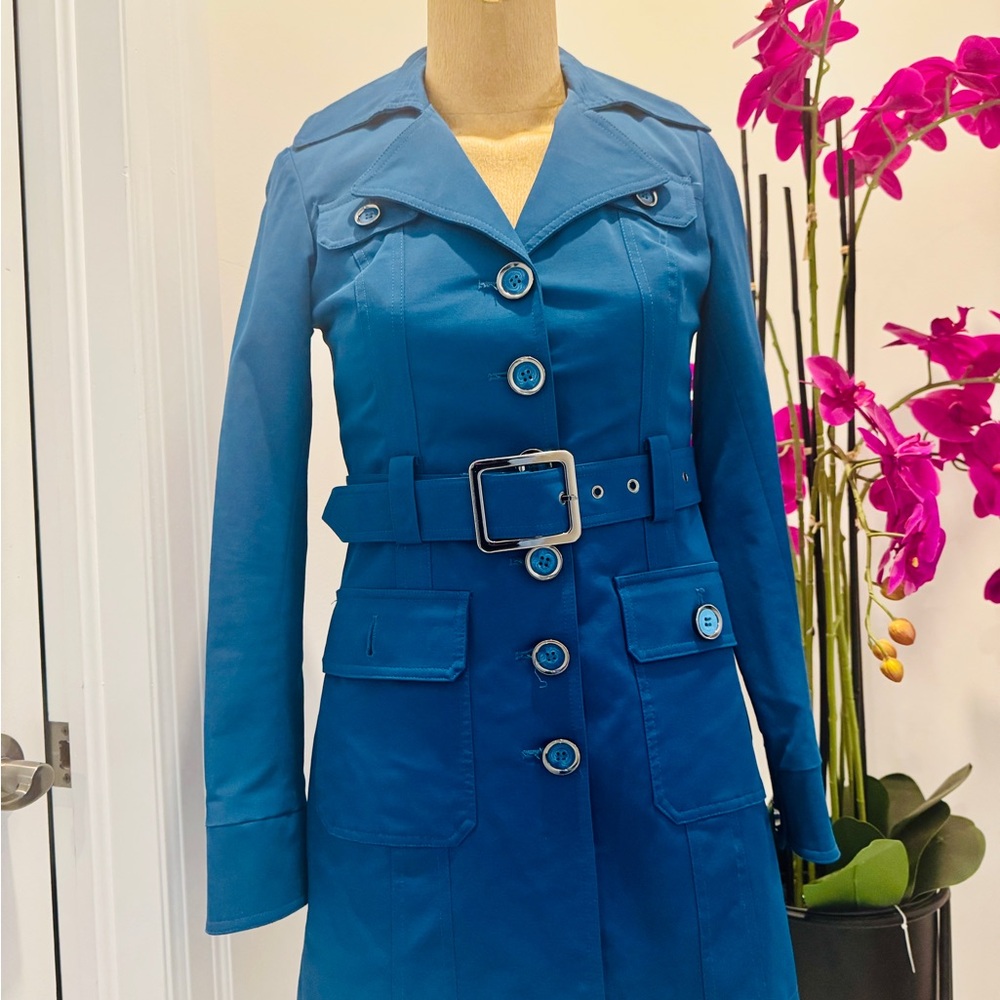 New York & Company Vibrant Blue Belted Trench Coat